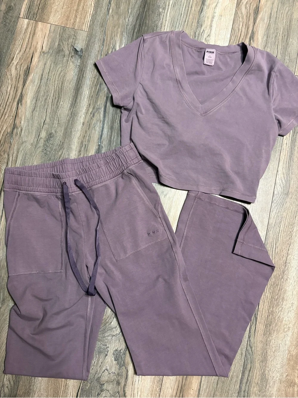 PINK Victoria's Secret Mauve V-Neck Cropped Tee & Jogger Set